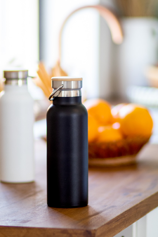 Thermos en inox à double paroi - Couvercle bambou et accroche métal - 500 ml - Couleur noire_4