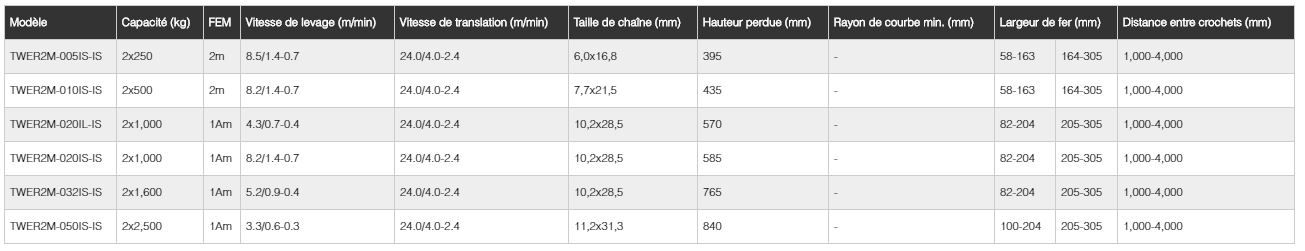 TWER2M - Palan électrique à chaîne double crochet KITO - Capacité de charge 2x250 à 2x1600 kg_4