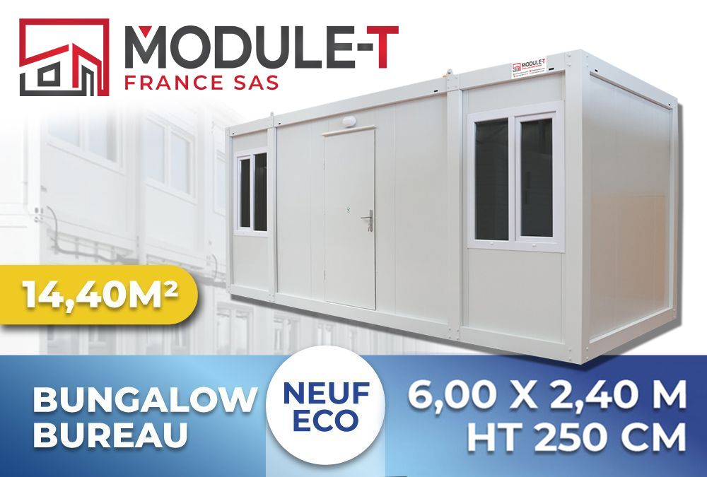 Bureau modulaire 20 pieds - Type ECO - 6,00 x 2,40 m - Hauteur 250 cm - 14,40 m2 - Isolation parois et plafond 50 mm polyuréthane_0