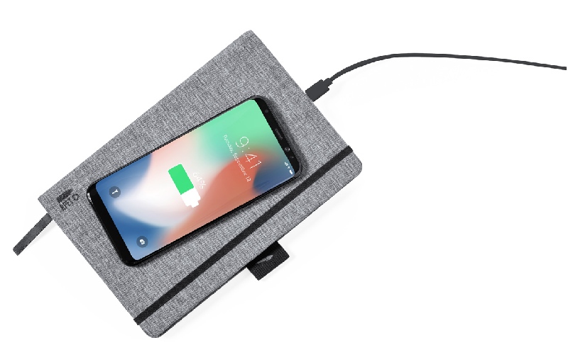 Porte-documents avec chargeur rapide sans fil intégré 10W - Bloc-notes A5 en polyester RPET avec 80 feuilles_4