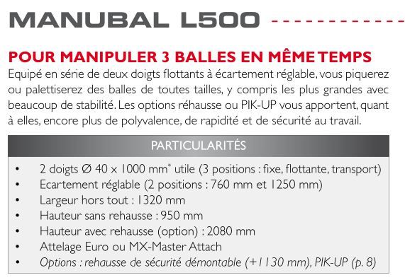 Équipement agricole Manubal L500 avec option PIK-UP pour une sécurité accrue