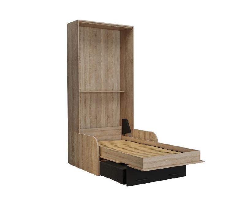 Lit escamotable style industriel KEY SOFA - Avec accoudoirs chêne, canapé avec tiroirs anthracite, couchage 90x200 cm_4