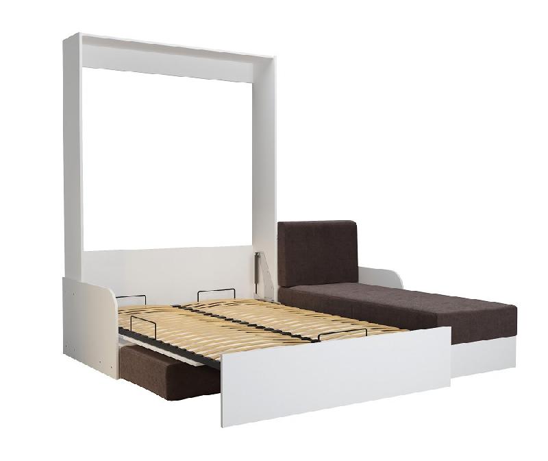 Lit escamotable Dynamo Sofa - canapé angle méridienne réversible avec accoudoirs - blanc et tissu marron - 140x200 cm_4