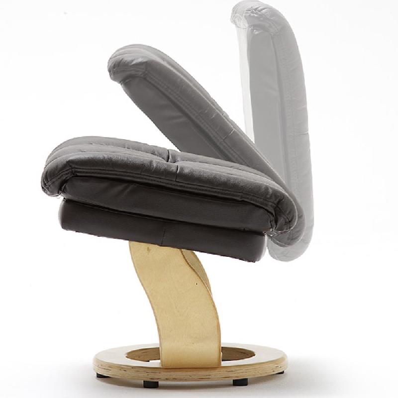 Fauteuil relax CLAIRAC - assise en cuir marron, pied en bois naturel avec repose-pied, inclinable et pivotant 360°_4