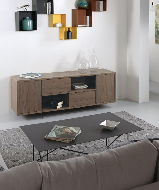 Buffet/Meuble TV design MADY 180cm - Noyer, portes coulissantes et piétement en verre trempé_4