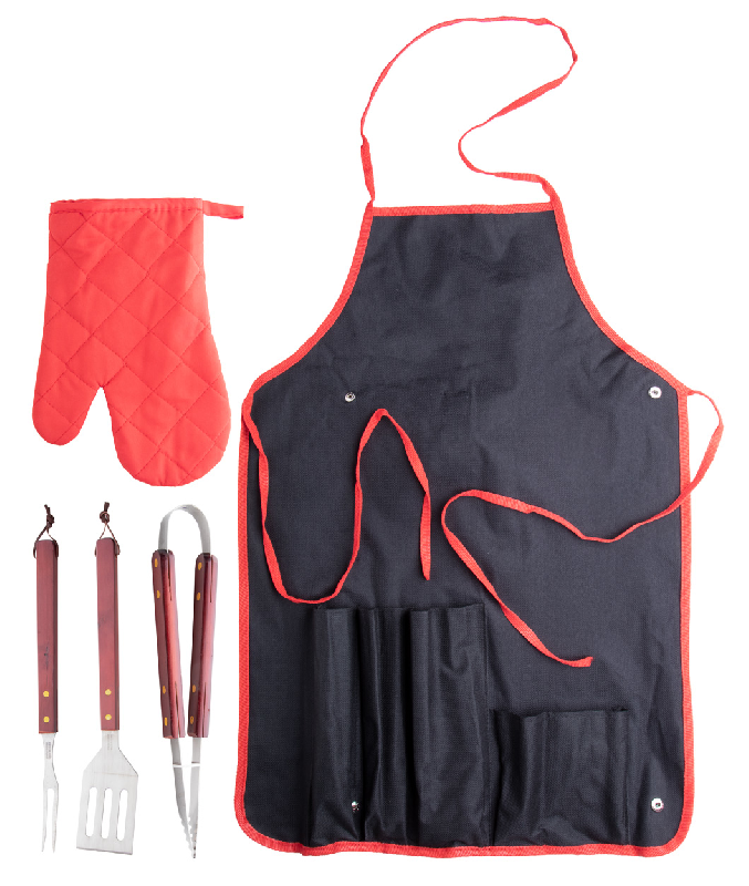 Set barbecue 5 pièces - 3 accessoires inox avec poignées en bois, gant et tablier polyester - Couleur noire_4