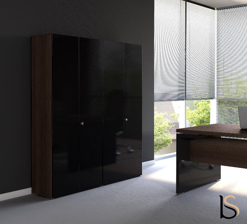 Armoire haute avec portes battantes Mito - MDD - Noir brillant, Sycomore clair_4