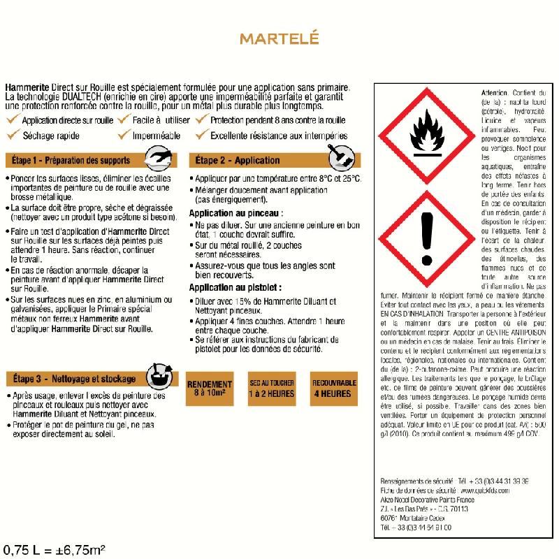 Peinture fer extérieur direct sur rouille - HAMMERITE châtaigne martelé 0.75 L - Protection et décoration des métaux ferreux_4