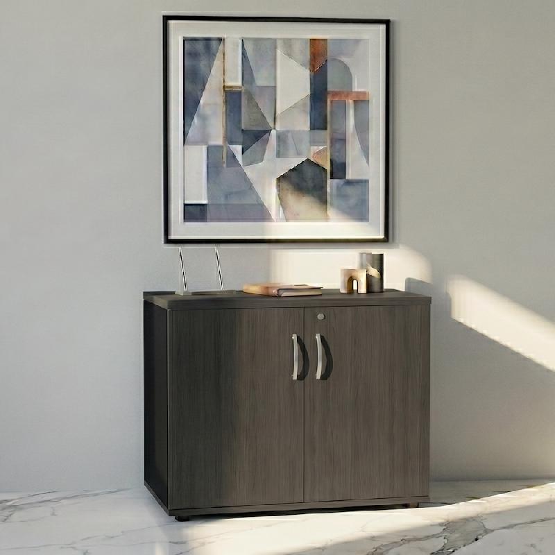 Armoire de bureau avec portes décor bois - MDD - Noir, Chêne gris_4