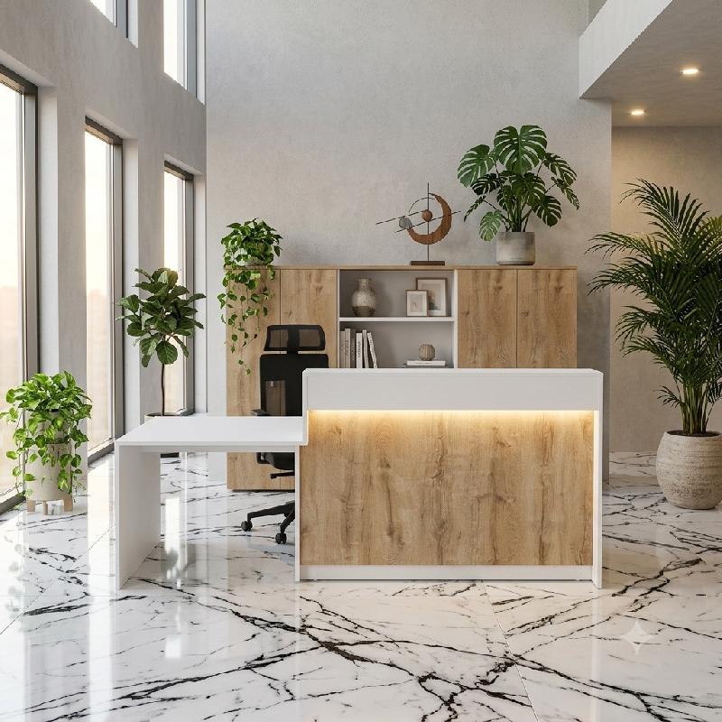 Bureau d'accueil PMR 1 personne Eira avec option LED - Mobel Linea - 202, Gauche, Oui, Blanc/ chêne veiné_4