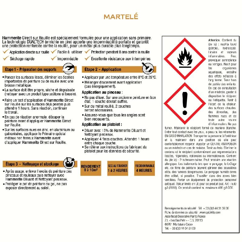 Peinture fer extérieur direct sur rouille HAMMERITE - Noir martelé - 0.25 L - Protection et décoration des métaux ferreux_4