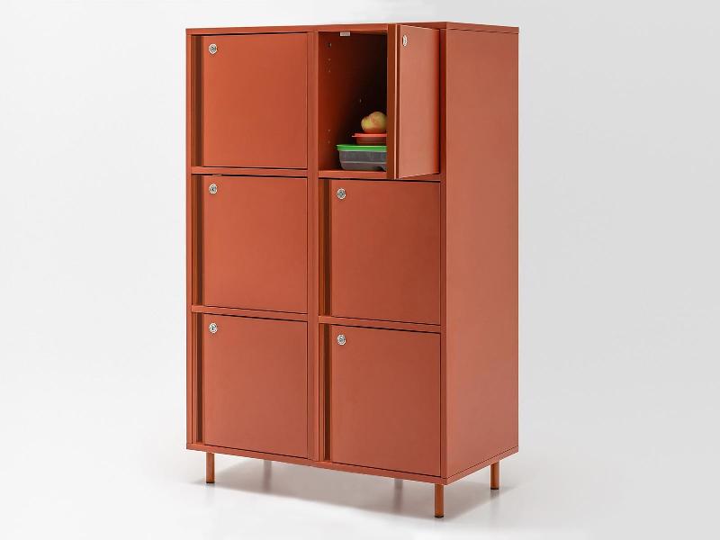 Meuble vestiaires 6 ou 8 cases - MDD - A clé, 2 x 3 cases, Rouge mat, Pieds en métal_4