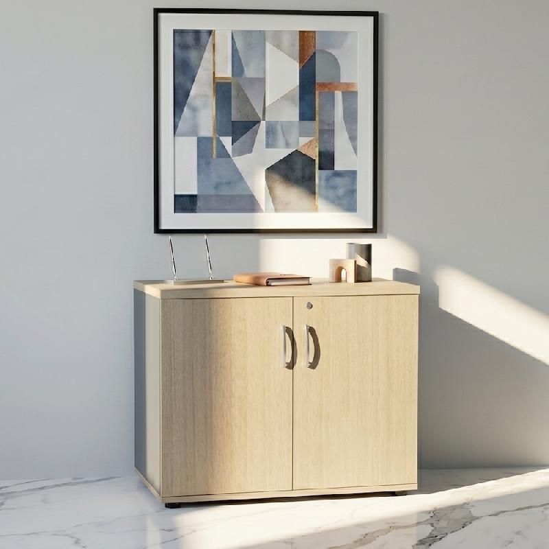 Armoire de bureau avec portes décor bois - MDD - Chêne Canadien, Gris aluminium_4