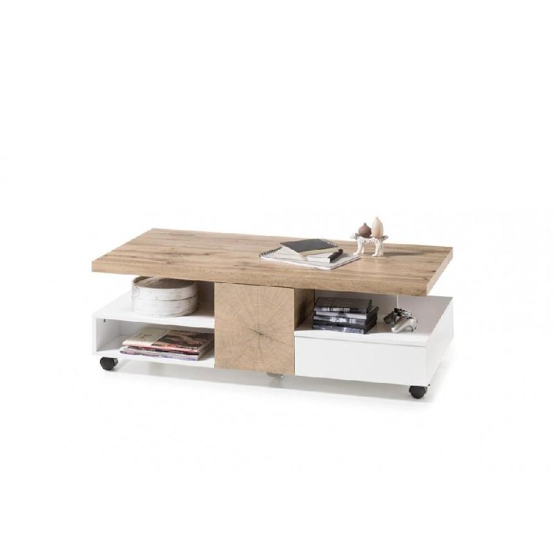 Table basse REAUX 120 x 60 cm - décor chêne et blanc laqué mat avec rangement, roulettes et niches_4