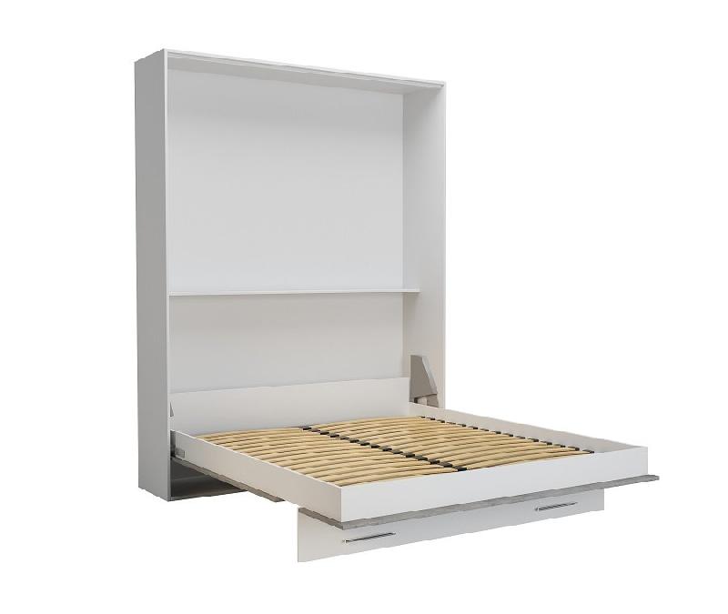 Lit escamotable LOFT blanc - façade gris béton - couchage 160 x 200 cm - design moderne et gain de place_4