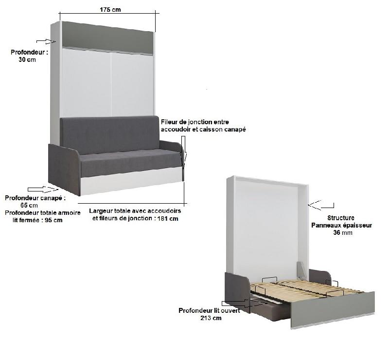Armoire lit escamotable ALADYNO SOFA - Blanc mat, bandeau gris, canapé gris - Couchage 160x200 cm_4