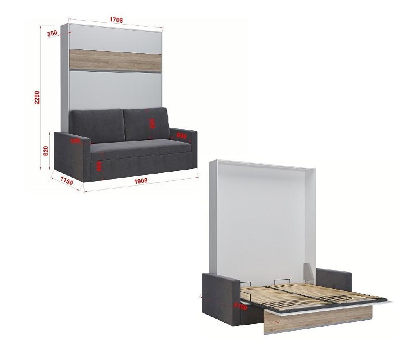 Armoire lit escamotable DJUKE SOFA - Blanc bandeau chêne - Canapé gris 160x200 cm avec coussins et coffre intégré_4