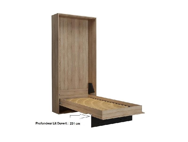Lit escamotable industriel KEY - Bi-ton chêne et noir mat - 90x200 cm avec rangement et bibliothèque - L155xH219xP42 cm_4