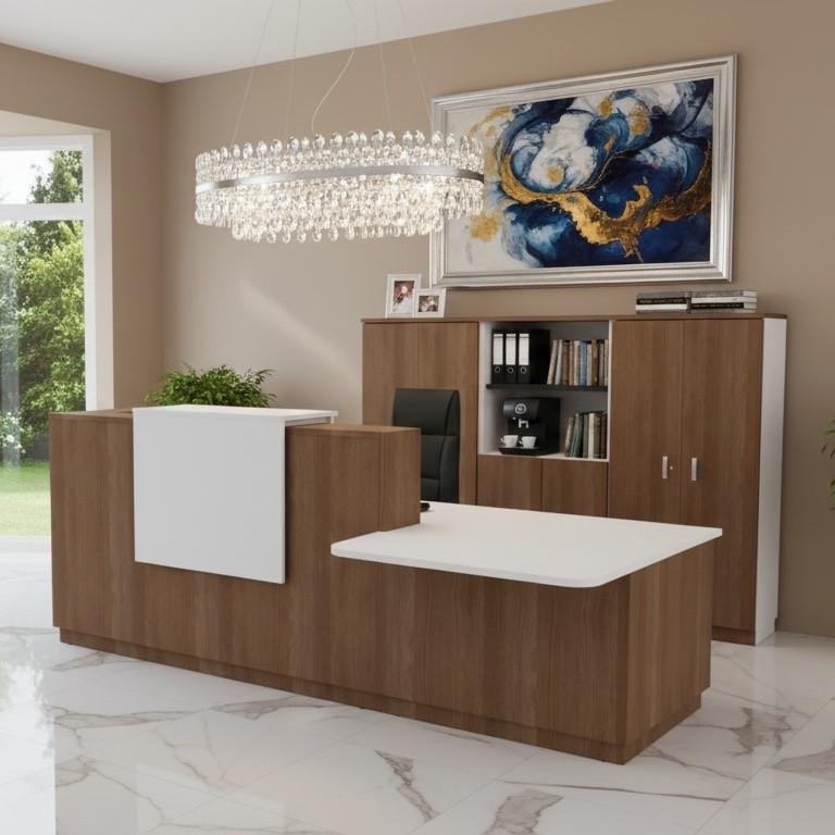 Banque d'accueil Delta Plus avec PMR et réhausse - Mobel Linea - Blanc mat, Droite, Acacia foncé, Non, 262_0