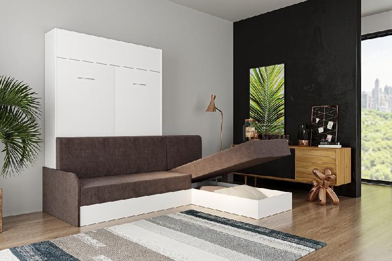 Lit escamotable DYNAMO SOFA - canapé angle méridienne réversible blanc avec accoudoirs tissu marron 140x200 cm_4