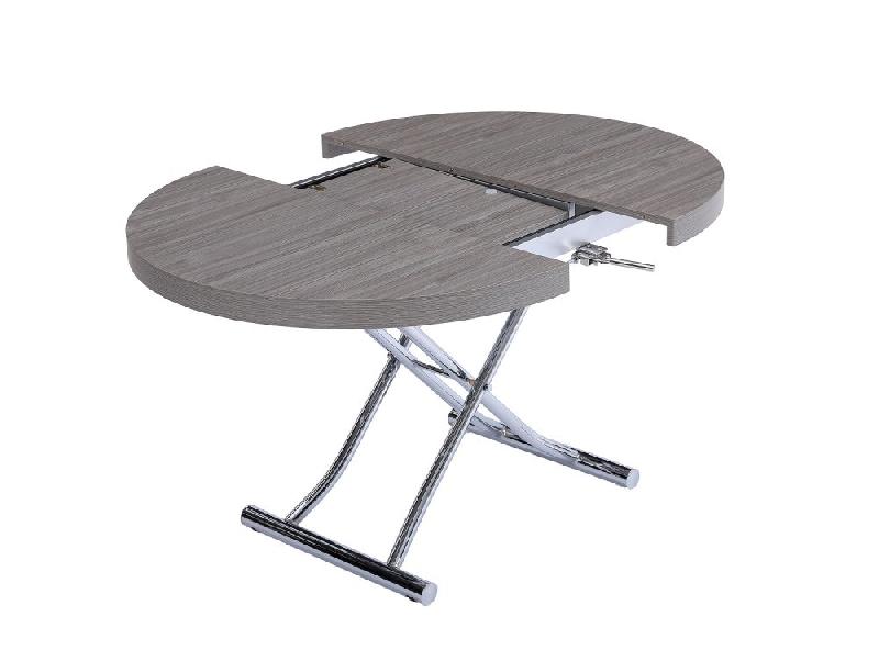 Table basse ronde relevable et extensible SATURNA en chêne gris - Diamètre 105 cm - Plateau extensible à 135 cm_4