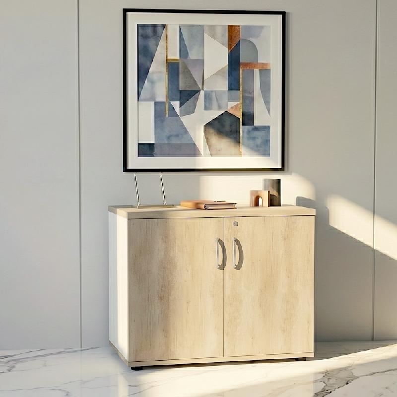 Armoire de bureau avec portes décor bois - MDD - Blanc pastel, Chêne naturel_4