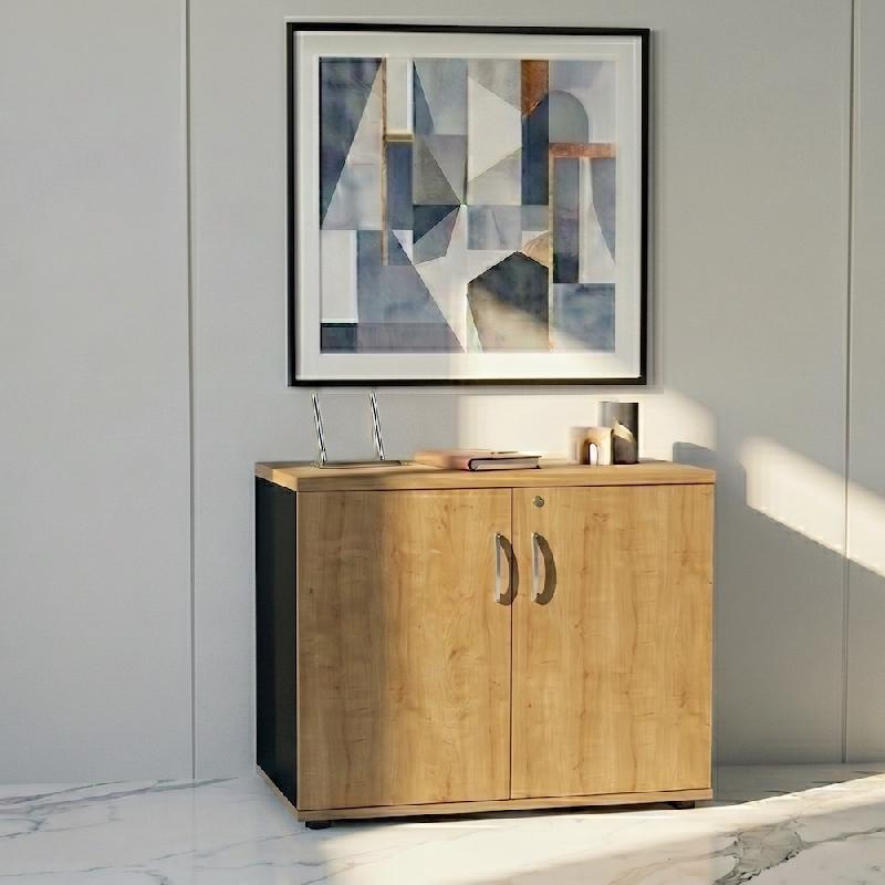 Armoire de bureau avec portes décor bois - MDD - Noir, Chêne miel_4