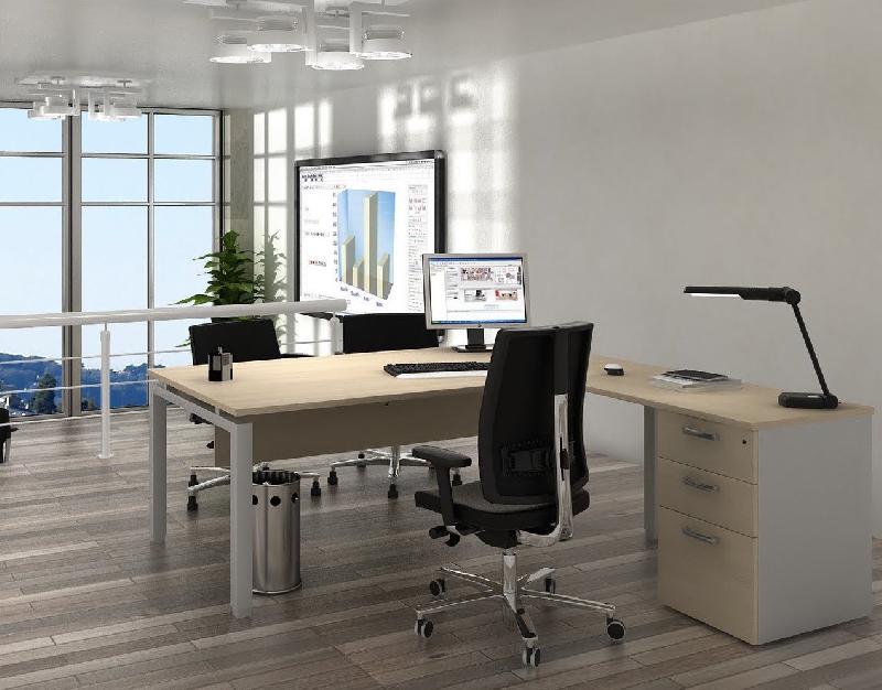 Bureau compact  ECO avec caisson - Mobel Linea. - Argent Ral 9006, 160, Acacia clair, Droite_4