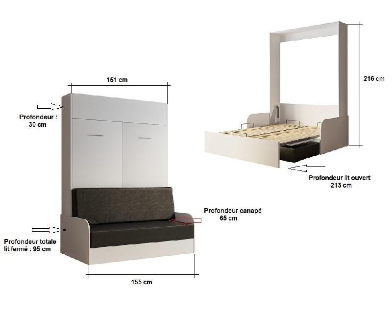 Armoire lit escamotable Dynamo Sofa - Blanc mat avec accoudoirs - Canapé noir - Couchage 140x200 cm_4