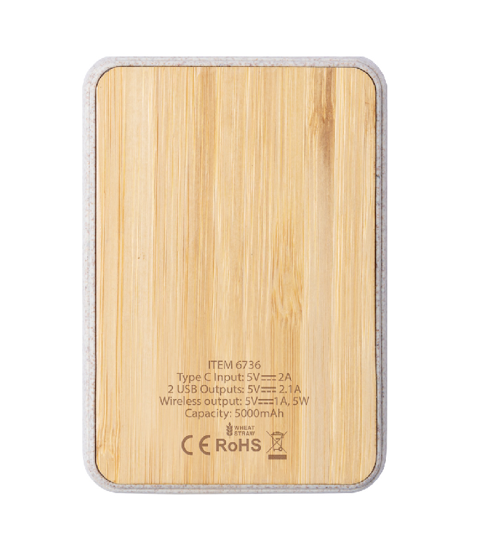 Powerbank USB en bambou et plastique de paille de blé - Batterie 5000 mAh avec chargeur sans fil intégré et 2 ports USB_4