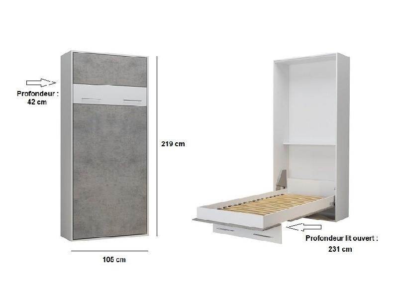 Lit escamotable LOFT blanc - Façade gris béton - Couchage 90 x 200 cm avec système à vérins_4