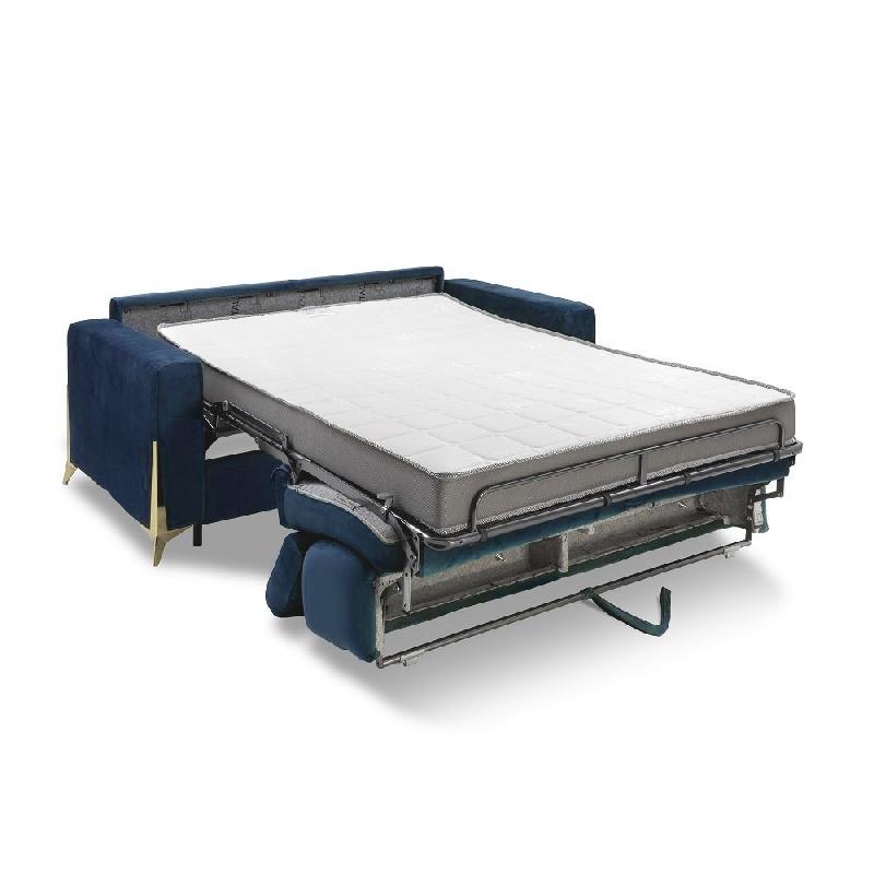 Canapé convertible express Odacio - sommier à lattes 140 cm, têtières réglables, matelas 16 cm, pieds dorés, velours bleu nuit_4