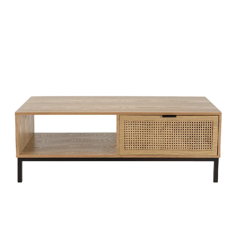 Table basse MARCI - 1 niche, 2 tiroirs avec cannage naturel et structure métal noir_4