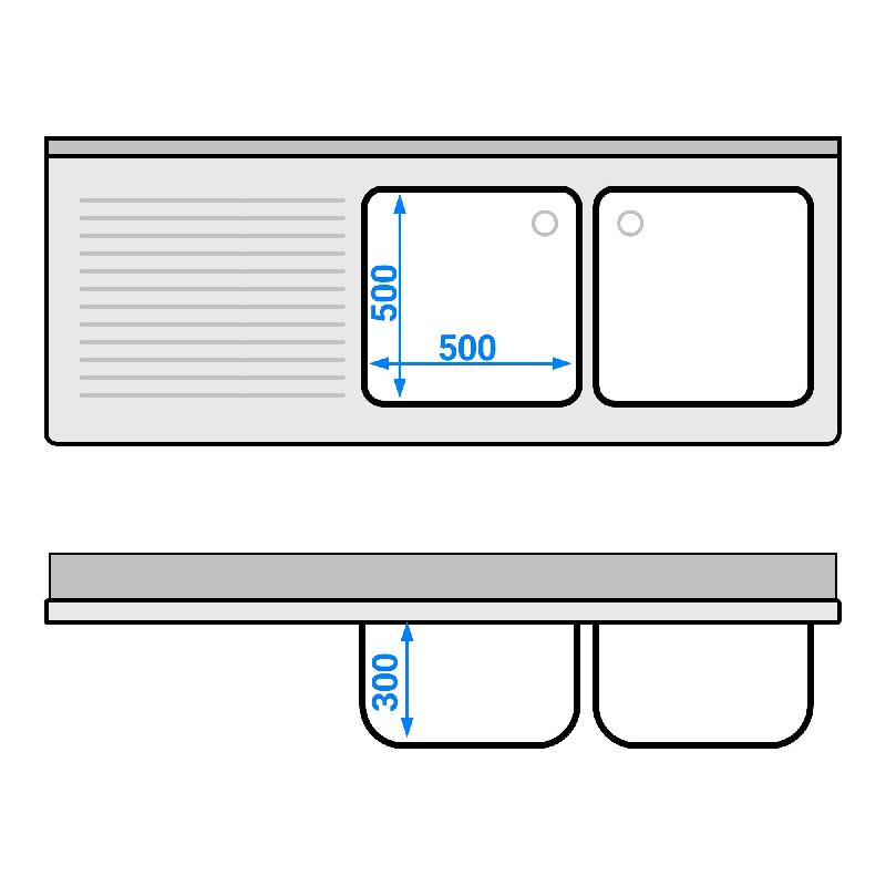 Plonge Inox 2 bacs sur placard avec passage lave-vaisselle - P 700 - GGM - 1800 mm bac à droite_4