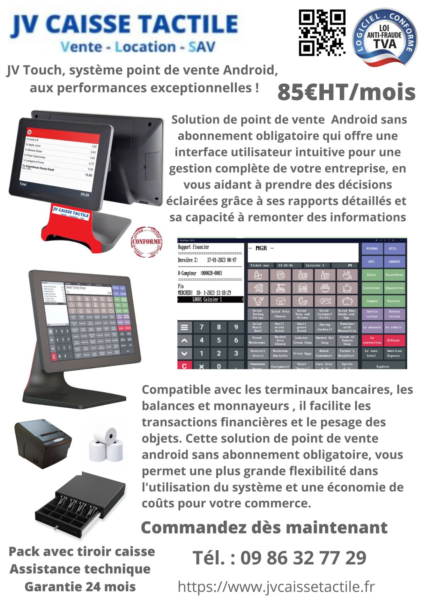 Caisse enregistreuse tactile android haut de gamme 15 pouces, sans abonnement obligatoire pour les restaurants, boucheries, pressings, boulangeries -  jv touch 15_4