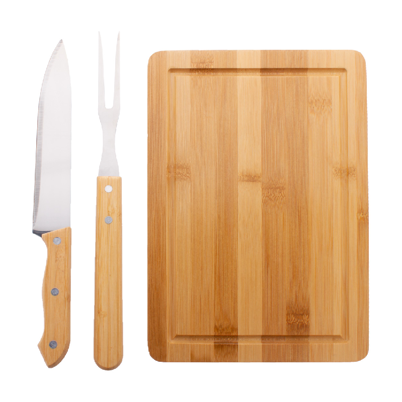 Set pour découper la viande - planche en bambou, fourchette et couteau en acier inoxydable_4