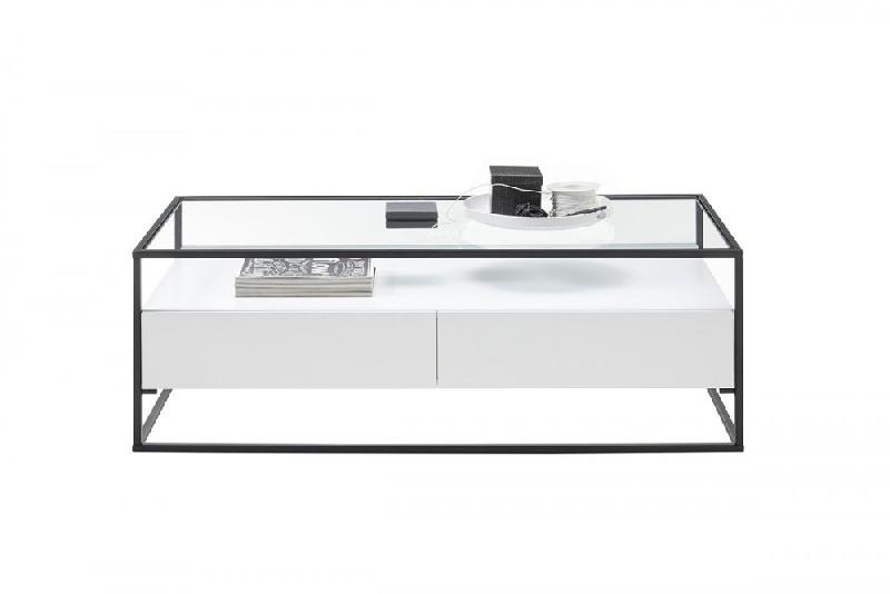 Table basse design Edmonton 120 cm - Blanc mat - Plateau verre trempé - Piètement acier époxy - 2 tiroirs_4