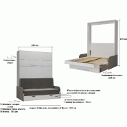 Armoire lit escamotable KOMPACT SOFA - Blanc mat - Canapé avec tiroirs et accoudoirs tissu gris - Couchage 140x200 cm_4