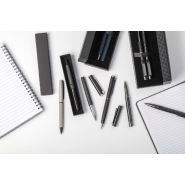 Stylo à bille twist en métal - Corps en PU gris - Avec boîte cadeau noire_4