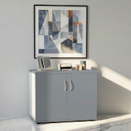 Armoire de bureau avec portes décor bois - MDD - Gris aluminium, Blanc pastel_4