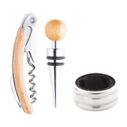 Set à vin - tire-bouchon, bouchon et stop-gouttes - boîte en bambou_4