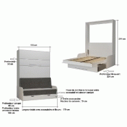 Armoire lit escamotable KOMPACT SOFA - canapé avec accoudoirs et tiroirs - blanc mat et tissu gris - couchage 160x200 cm_4