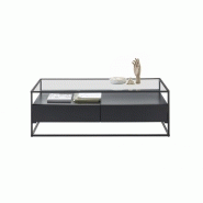 Table basse design Edmonton 120 cm - noir mat, plateau en verre trempé, piètement métal noir, 2 tiroirs_4