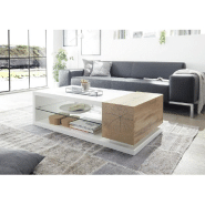 Table basse Mardin 120 x 63 cm - décor chêne noueux et blanc laqué - design contemporain avec rangement et étagère en verre_4
