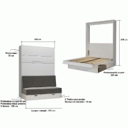 Armoire lit escamotable KOMPACT SOFA - canapé avec tiroirs, blanc mat, tissu gris, couchage 140x200 cm_4