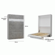 Lit escamotable LOFT blanc - façade gris béton - couchage 140x200 cm avec système vérins à pistons_4
