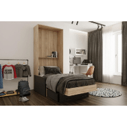 Lit escamotable style industriel KEY SOFA - canapé avec accoudoirs tissu et tiroirs de rangement - couchage 90x200 cm anthracite_4