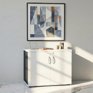 Armoire de bureau avec portes décor bois - MDD - Blanc pastel, Gris anthracite_4