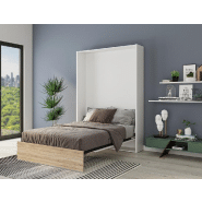 Armoire lit escamotable ultra plate ALADYNO - Blanc mat et chêne - 160x200 cm avec ouverture assistée_4
