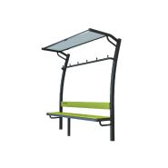 Vestiaire avec banc, porte-manteaux et pare-soleil pour espace de plein air Vestiaire avec banc, porte-manteaux et pare-soleil pour espace de plein air